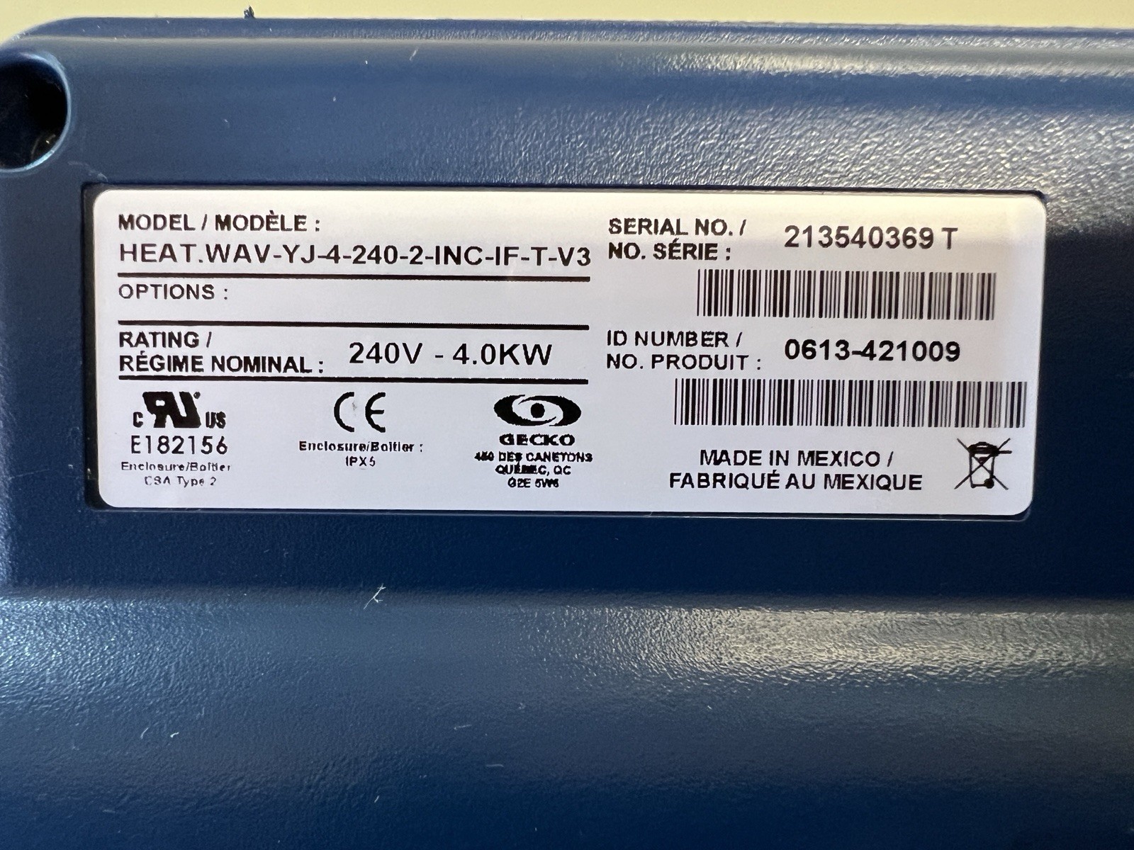 Spa Hot Tub Heater Gecko HEAT.WAV YJ-4-240-2-INC-IF-T-V3 4.0KW #0613-421009 NICE