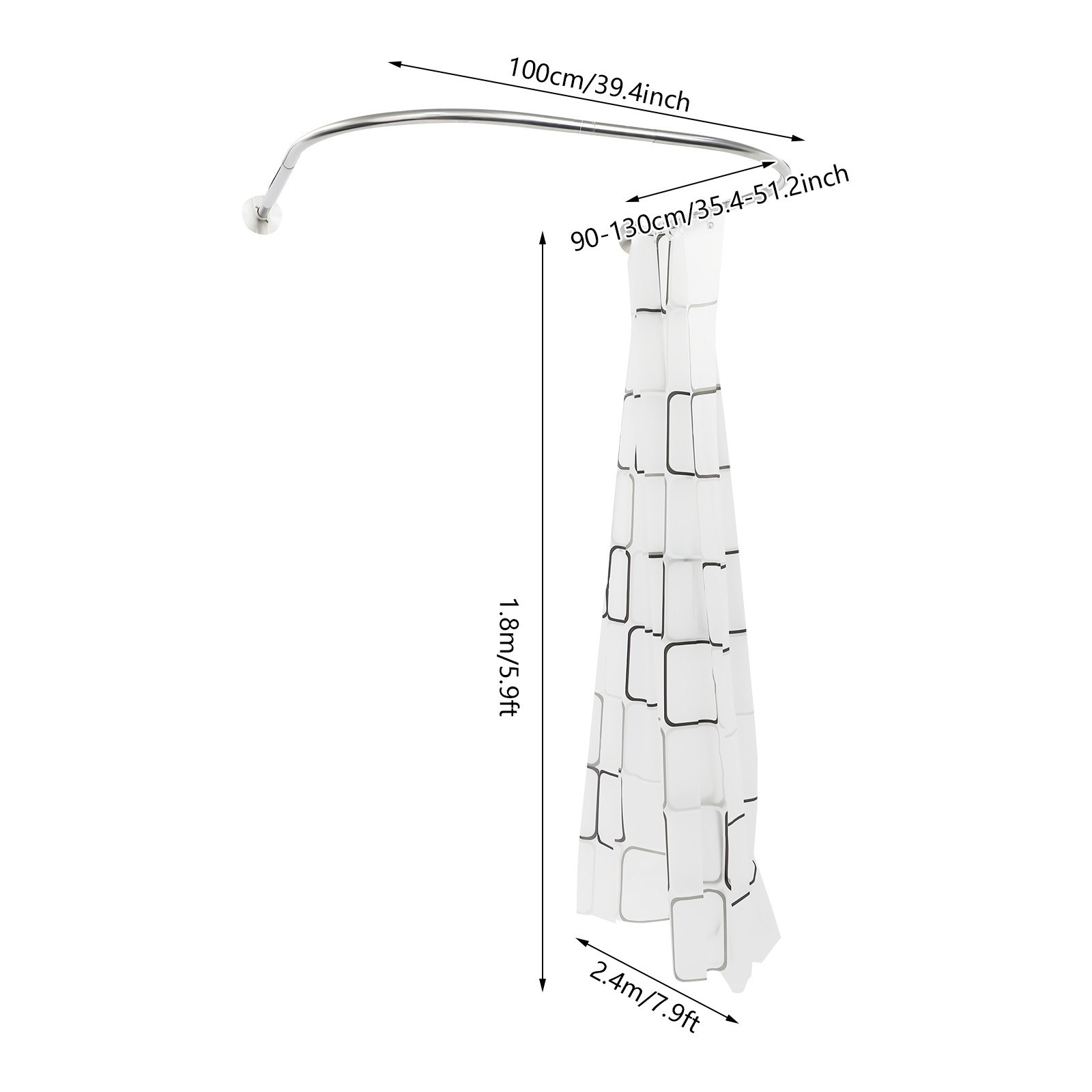 U-Shaped Shower Curtain Rod Set – No Holes Installation, Adjustable 0.9-1.3m