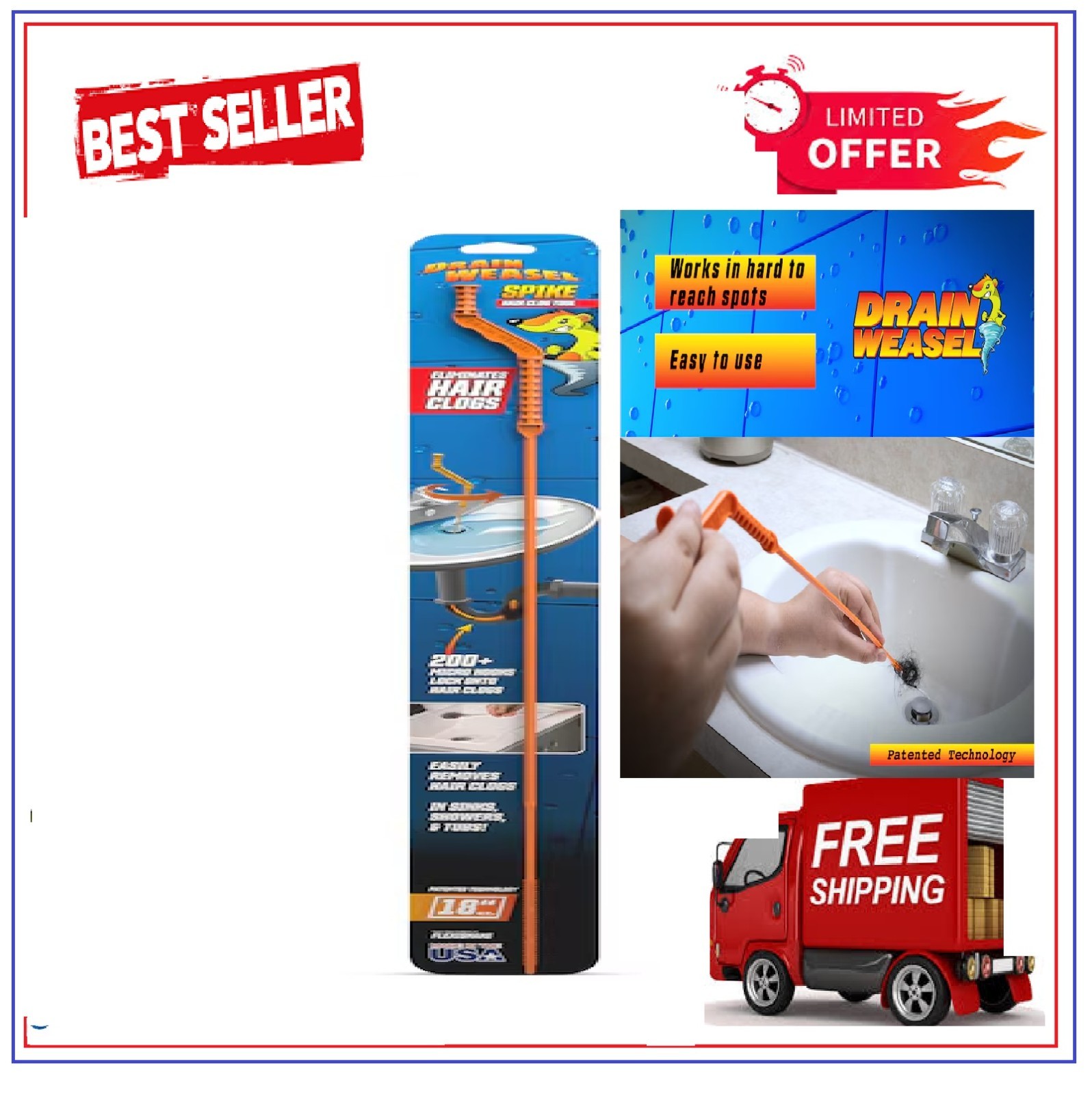 FlexiSnake Drain Weasel Hair Clog Tool Starter Kit for Drain Cleaning