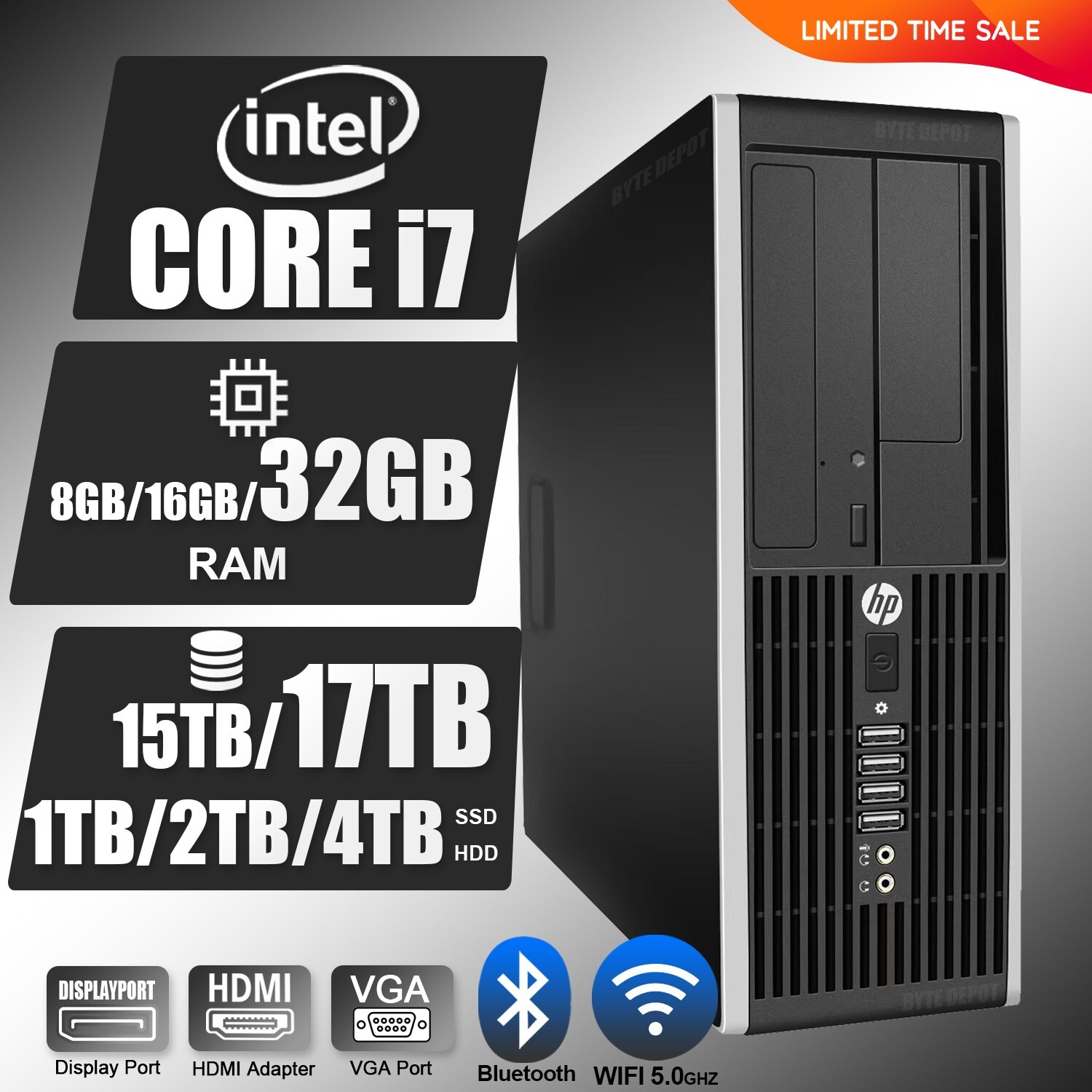 HP Desktop Computer PC i7, up to 64GB RAM, 17TB SSD HDD, Windows 11/10,WiFi