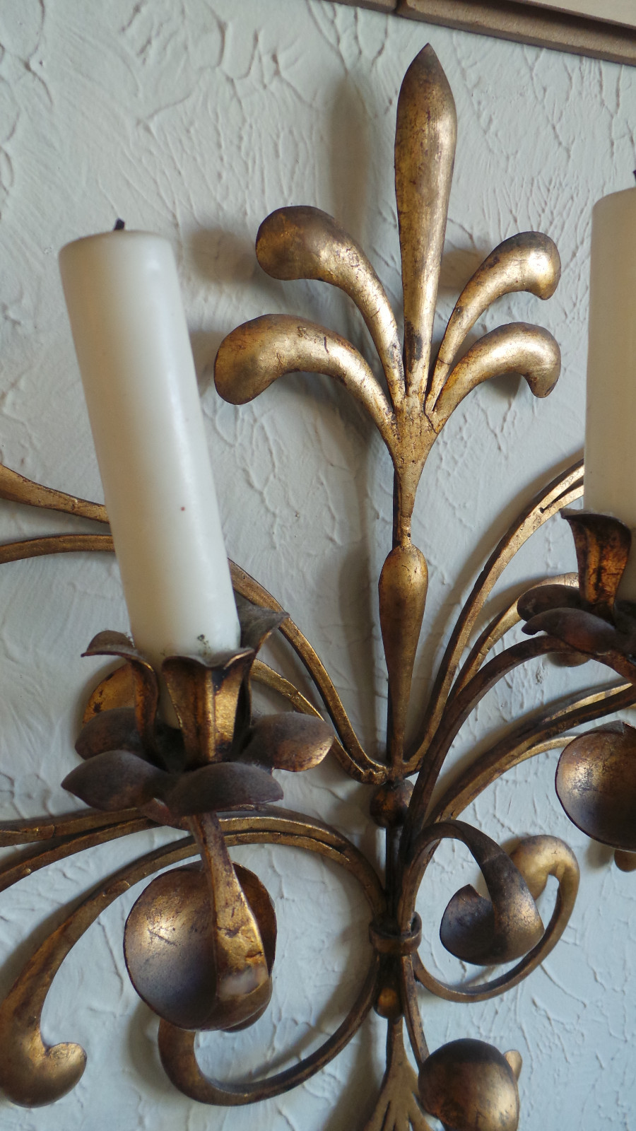 ANTIQUE ORIGINAL GILDED GOLD & METAL WALL SCONCE CANDLE HOLDERS