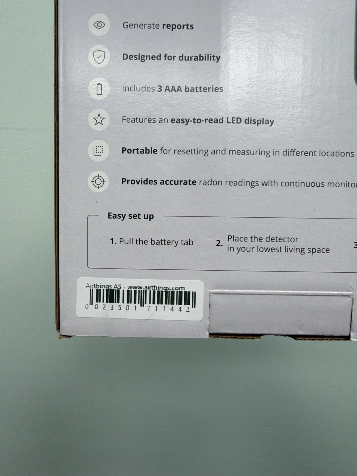 Airthings Battery Operated Digital Radon Detector 2350
