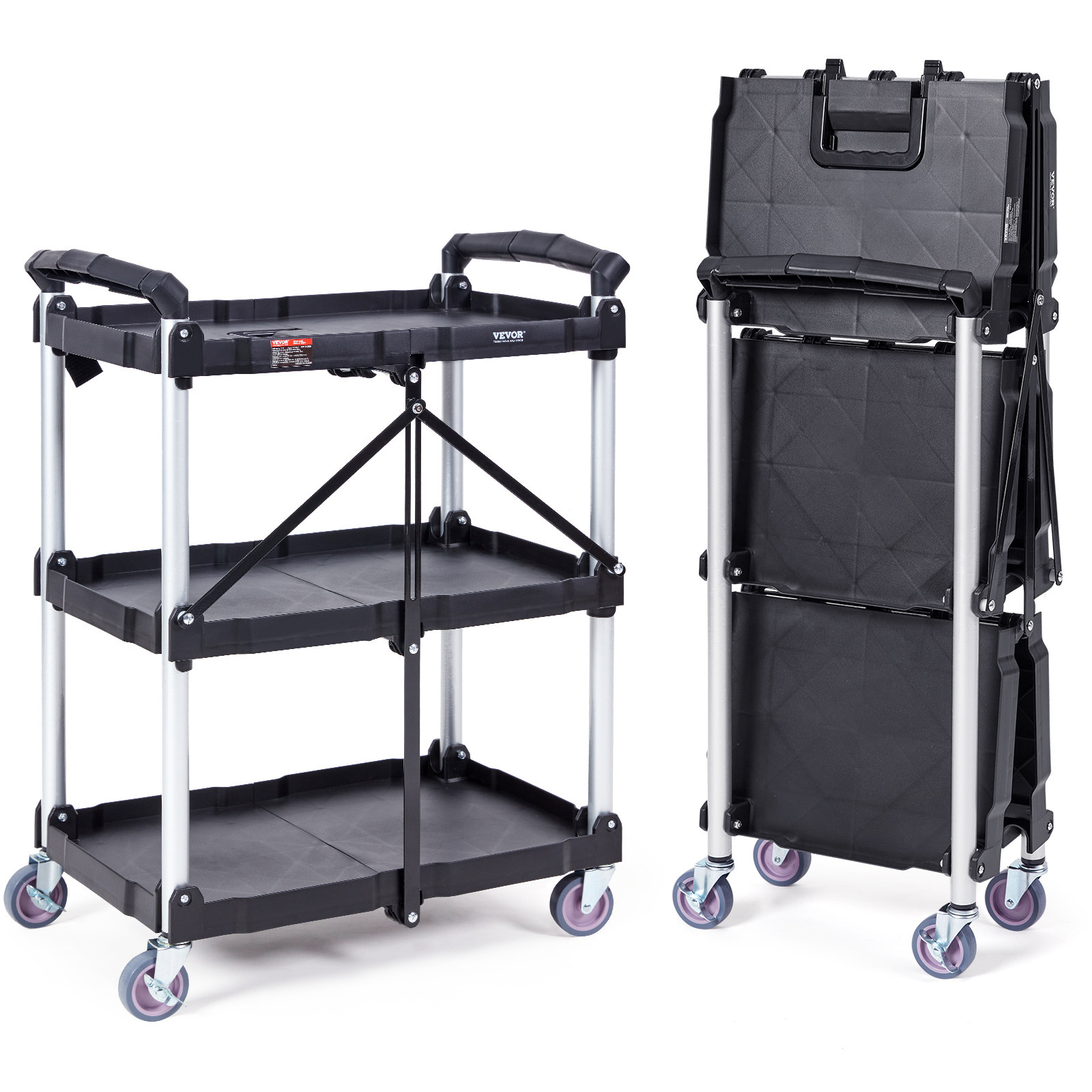 VEVOR Foldable Utility Service Cart 3 Shelf 165LBS with Swivel Lockable Wheels