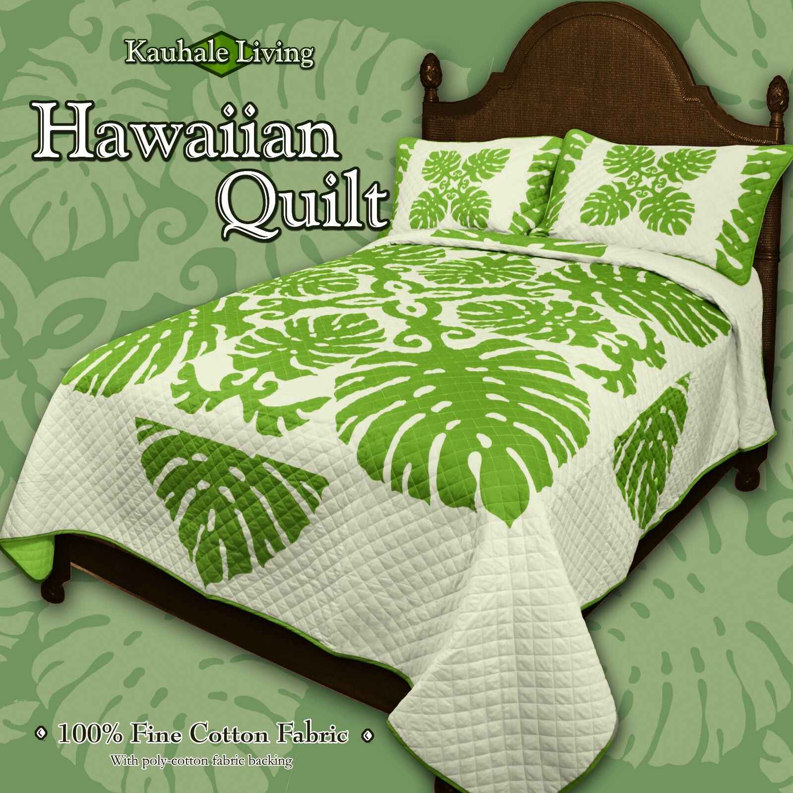 Queen Hawaiian monstera Quilt comforter Bedspread 2 sham sage green  100% cotton