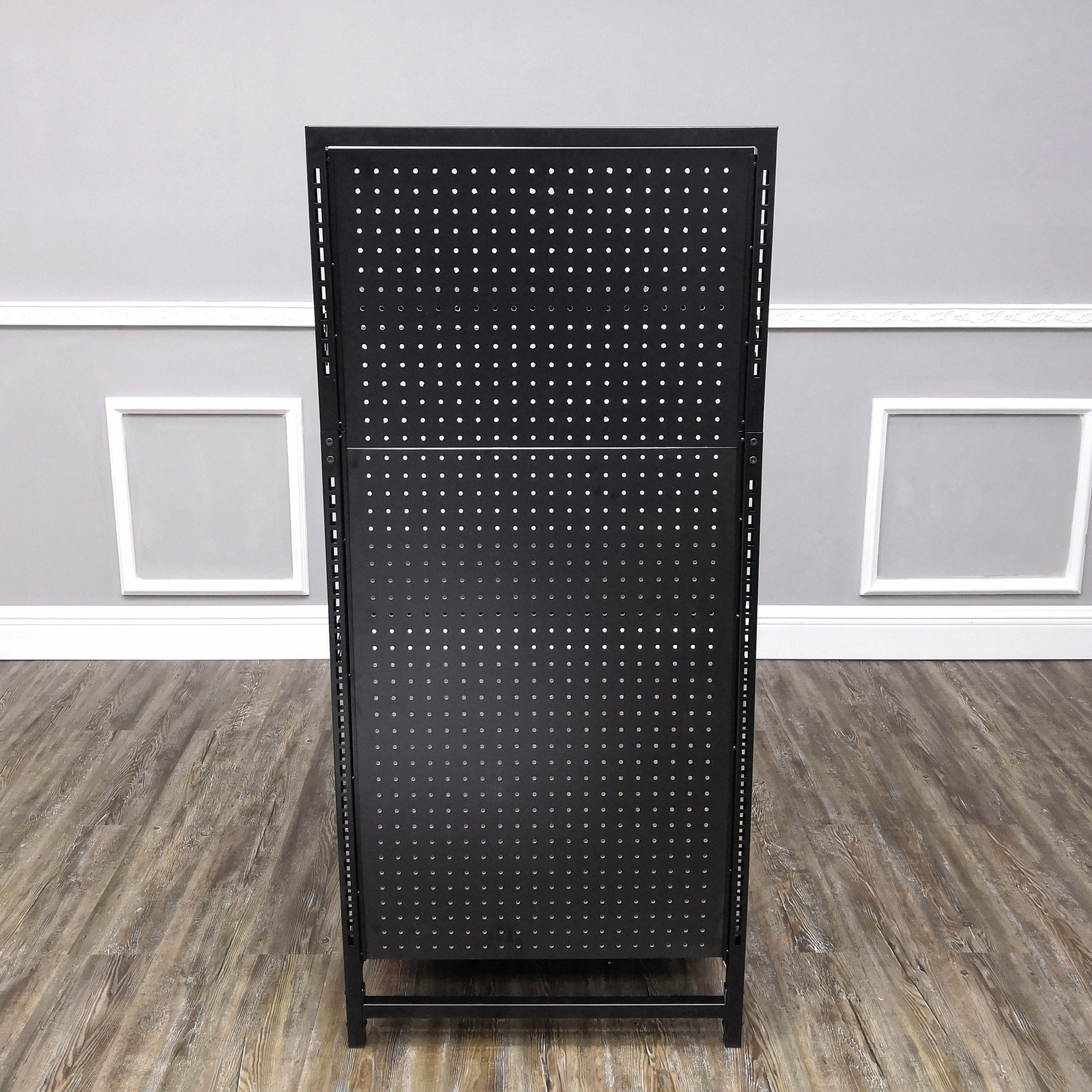 24.0" Wide Gondola Rack Stand with Two Shelves Black Pegboard Display