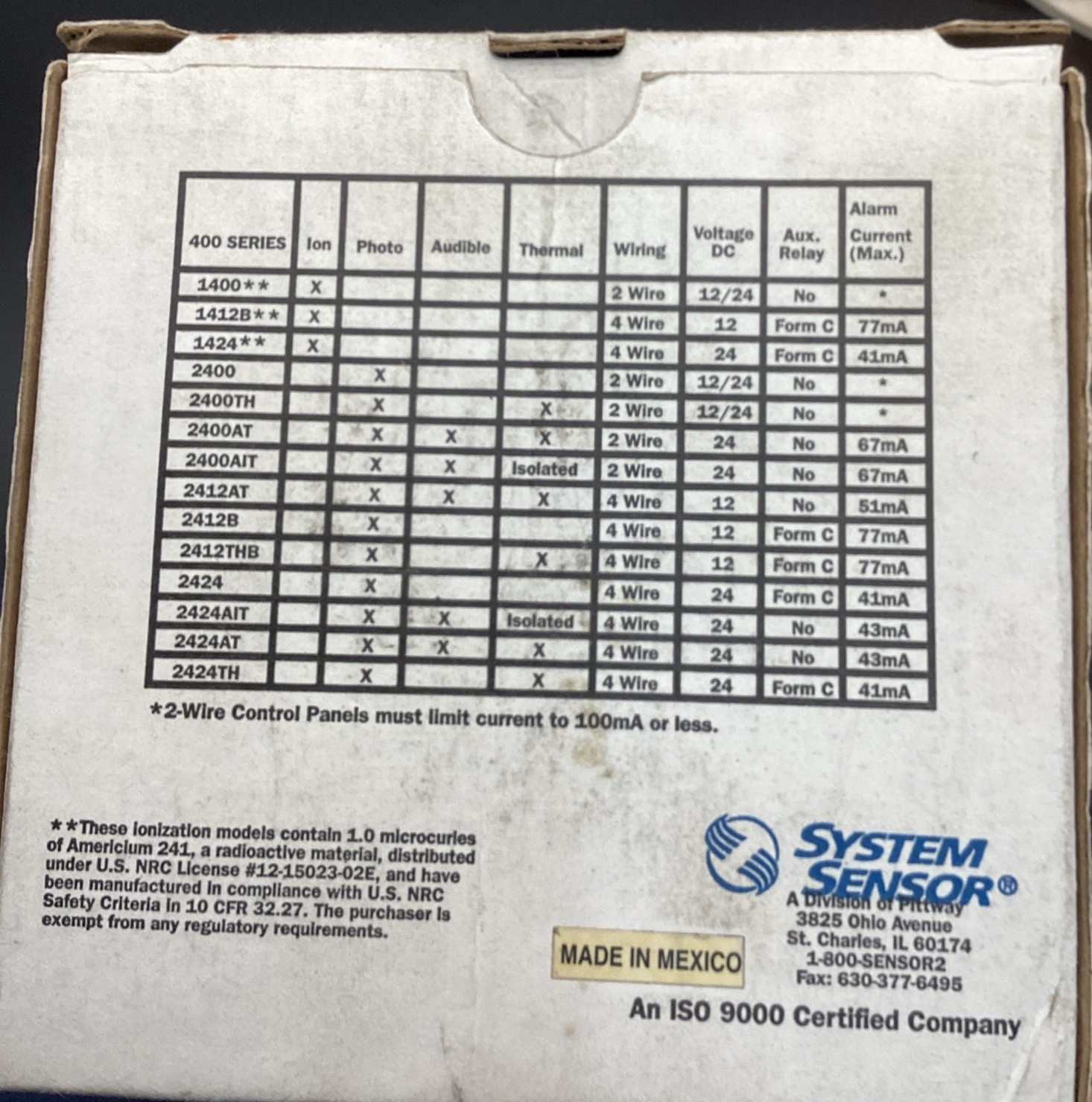 System Sensor Photoelectric Smoke Detector S 400 Series 2412B NEW