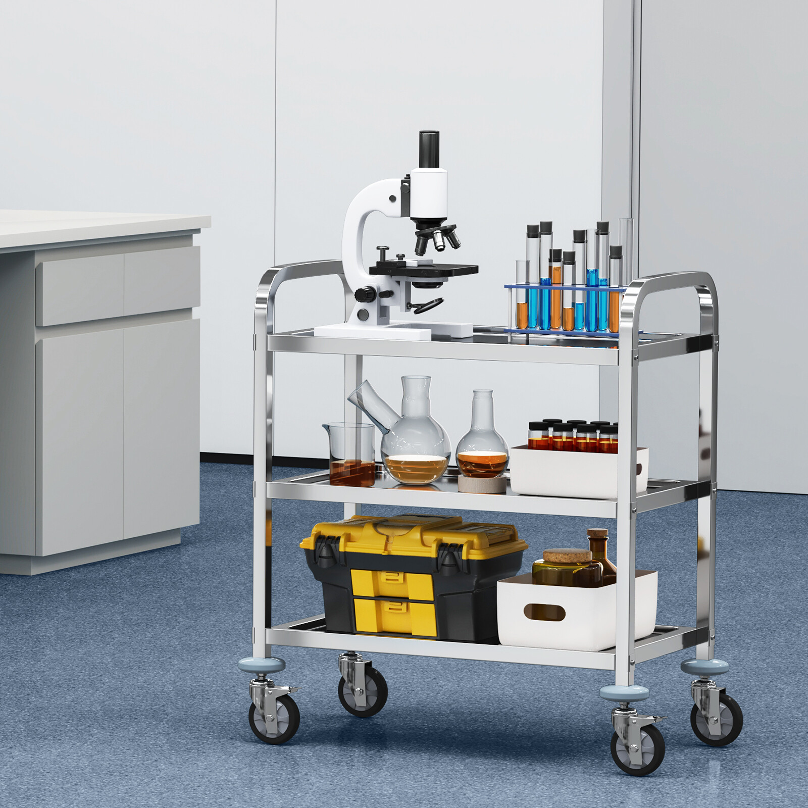 3-Tier Stainless Steel Medical Cart Mobile Trolley 400 lbs for Lab Clinic