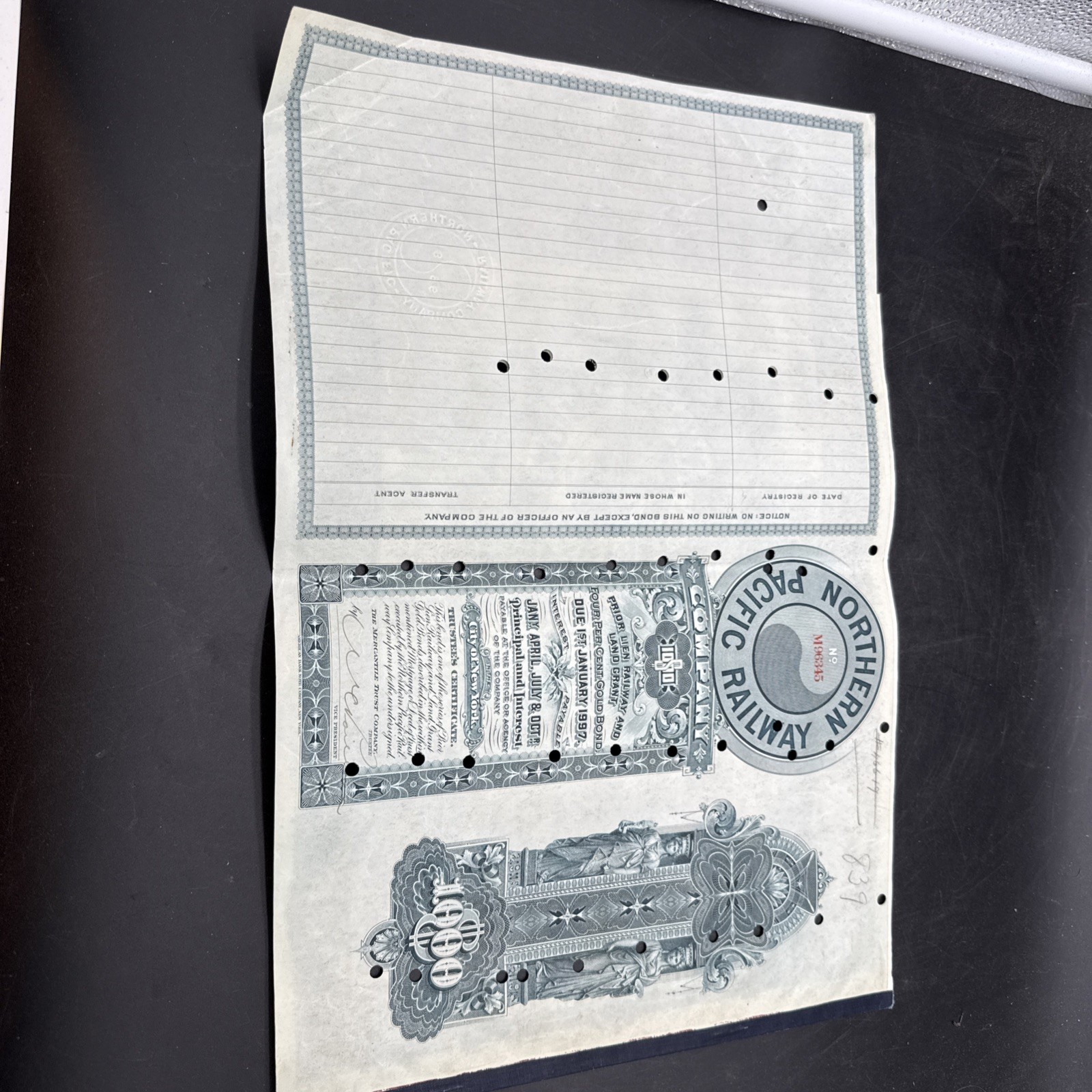 Northern Pacific Railway Co. 1897 dated $1,000 Railroad Gold Bond Gorgeous