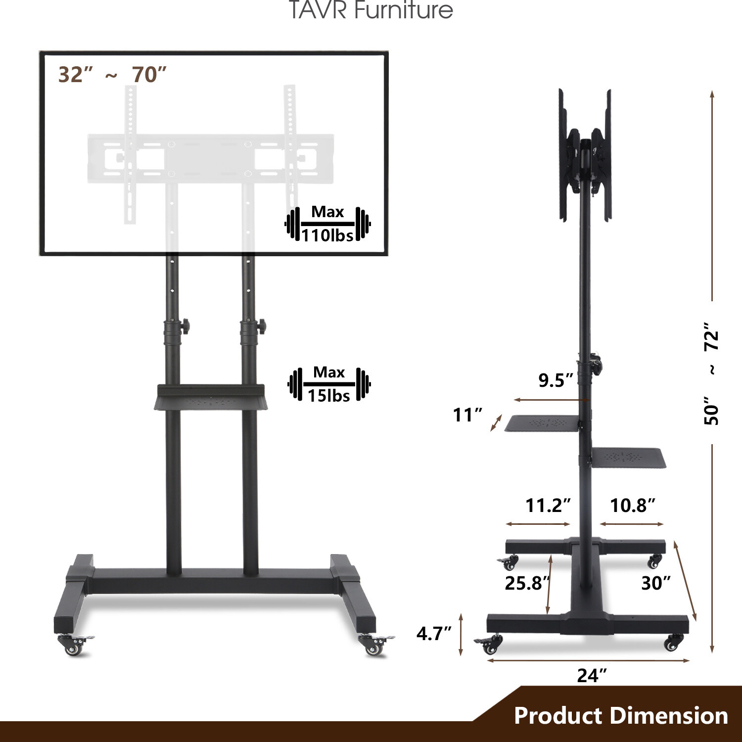 Dual Floor TV Stand Rolling TV Cart Two TV Brackets on Wheel for 32-70 inch TVs