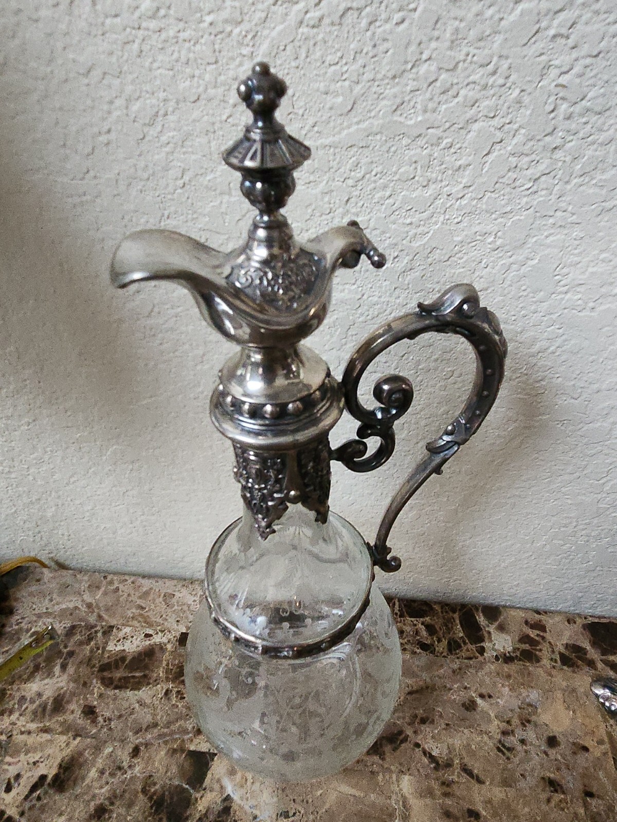 RARE Antique Circa Art Nouveau Silver Plate Etched Glass Claret Jug decanter