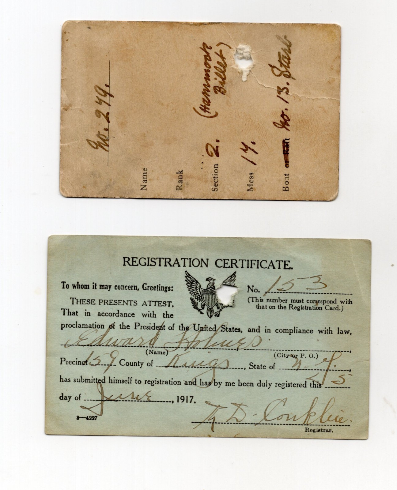 1917 - WWI Registration Draft Card with Naval Boat Card - XL2W