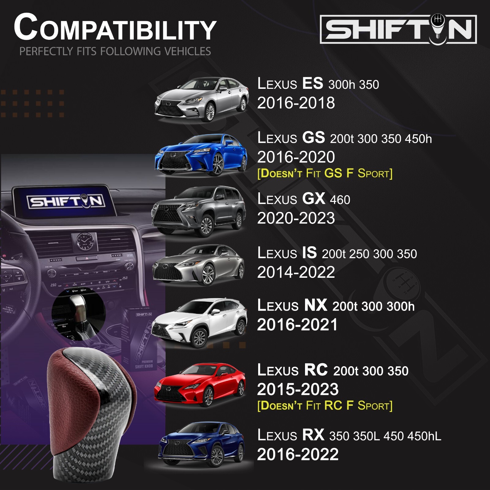 Rioja Red Carbon Gear Shift Knob for Lexus ES-350 GS GX460 IS300 NX300 RC RX350