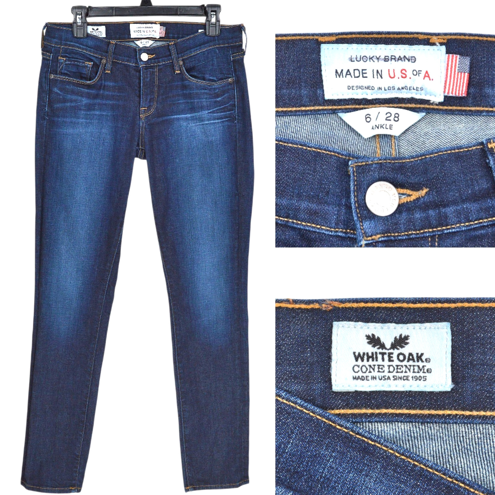 Lucky Brand Charlie Skinny Jeans Womens 6/28 Dark Blue Denim White Oak Cone USA