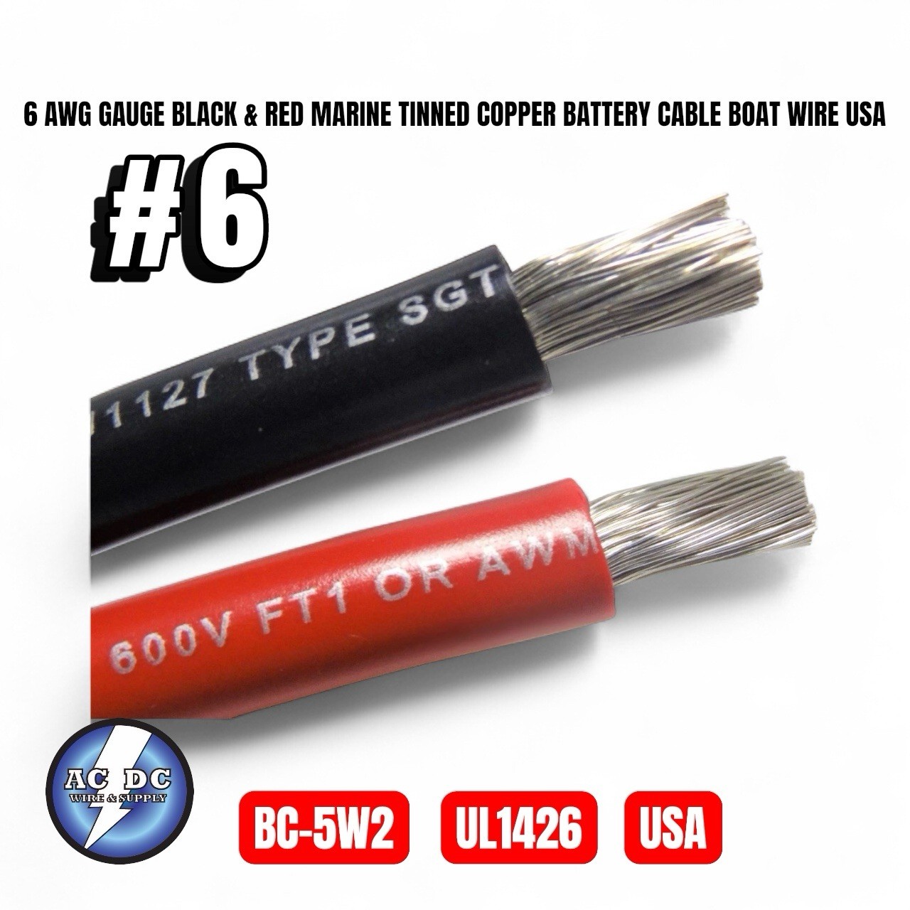 6 AWG GAUGE BLACK & RED MARINE TINNED COPPER BATTERY CABLE BOAT WIRE USA 5 FT EA