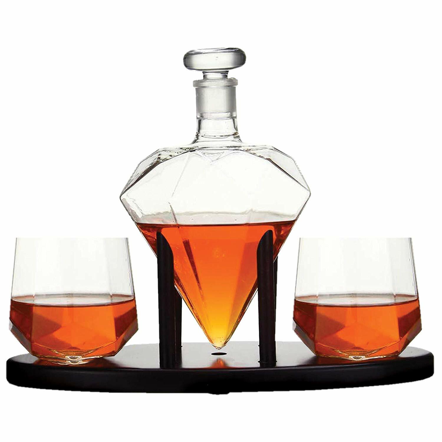 Diamond Whiskey Decanter With 2 Diamond Glasses Mahogany Wooden Holder