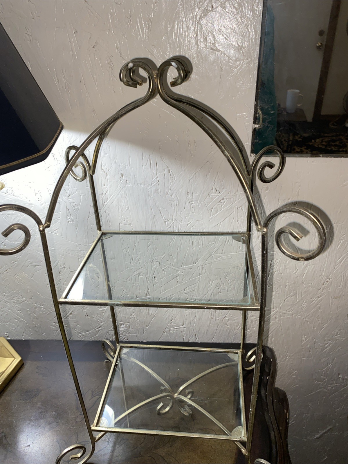 Vintage Two Tiered Shelf Brass Metal Frame With Two Glass Shelves Free Standing