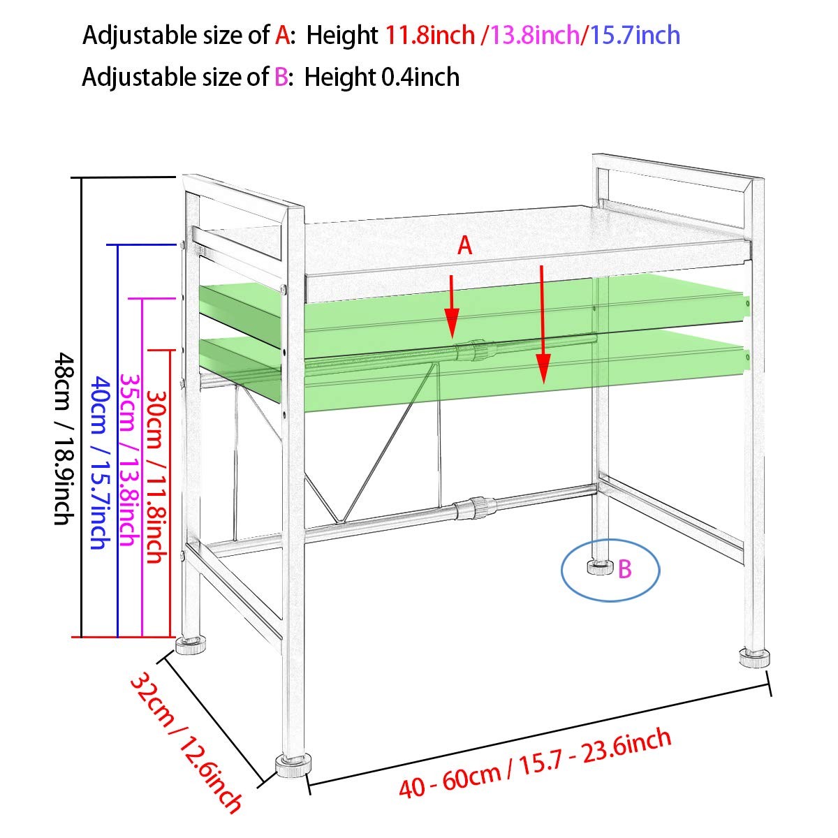 PUSDON Extendable Microwave Oven Rack, Adjustable H-frame 2 tier, Black