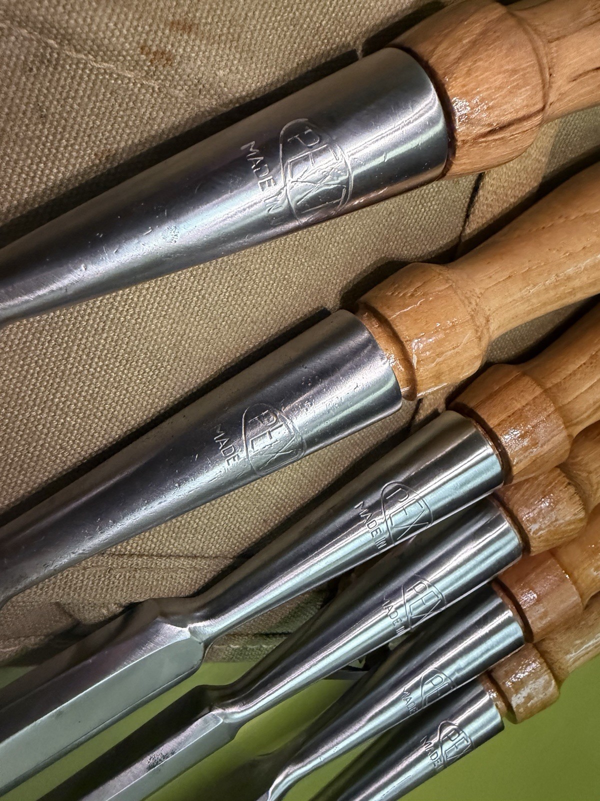 SUPERB 6-pc Set PEXTO vtg Socket Chisels w/MATCHING Handles & CANVAS TOOL ROLLUP