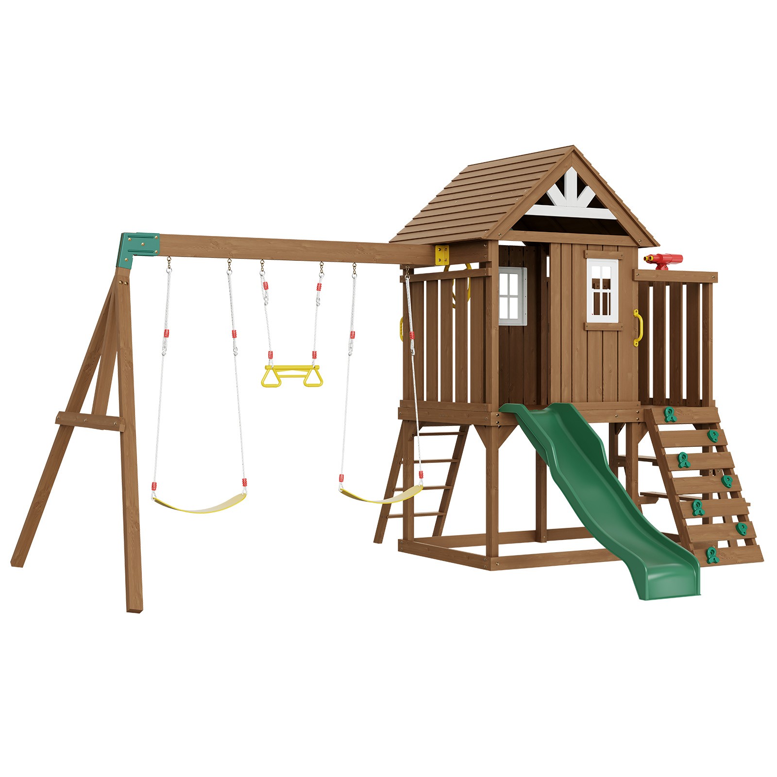 Wooden Swing Set 9 IN 1 Outdoor Playground Sets 6 FT Slide Upper Fort