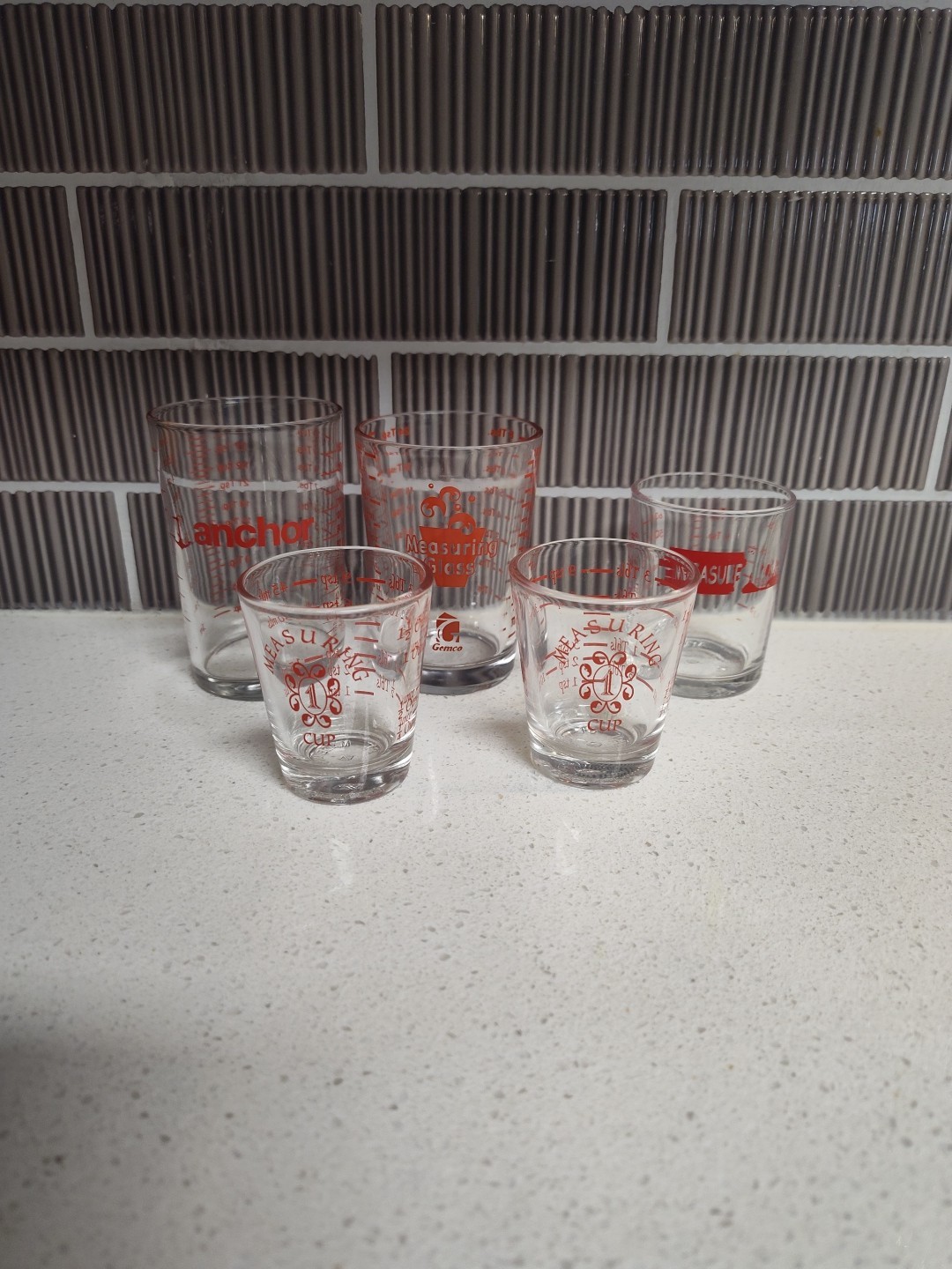 Lot of Measuring Glasses 2 - 1.5 oz, 2.6 oz, 4 oz, and 5 oz Anchor Hocking Gemco