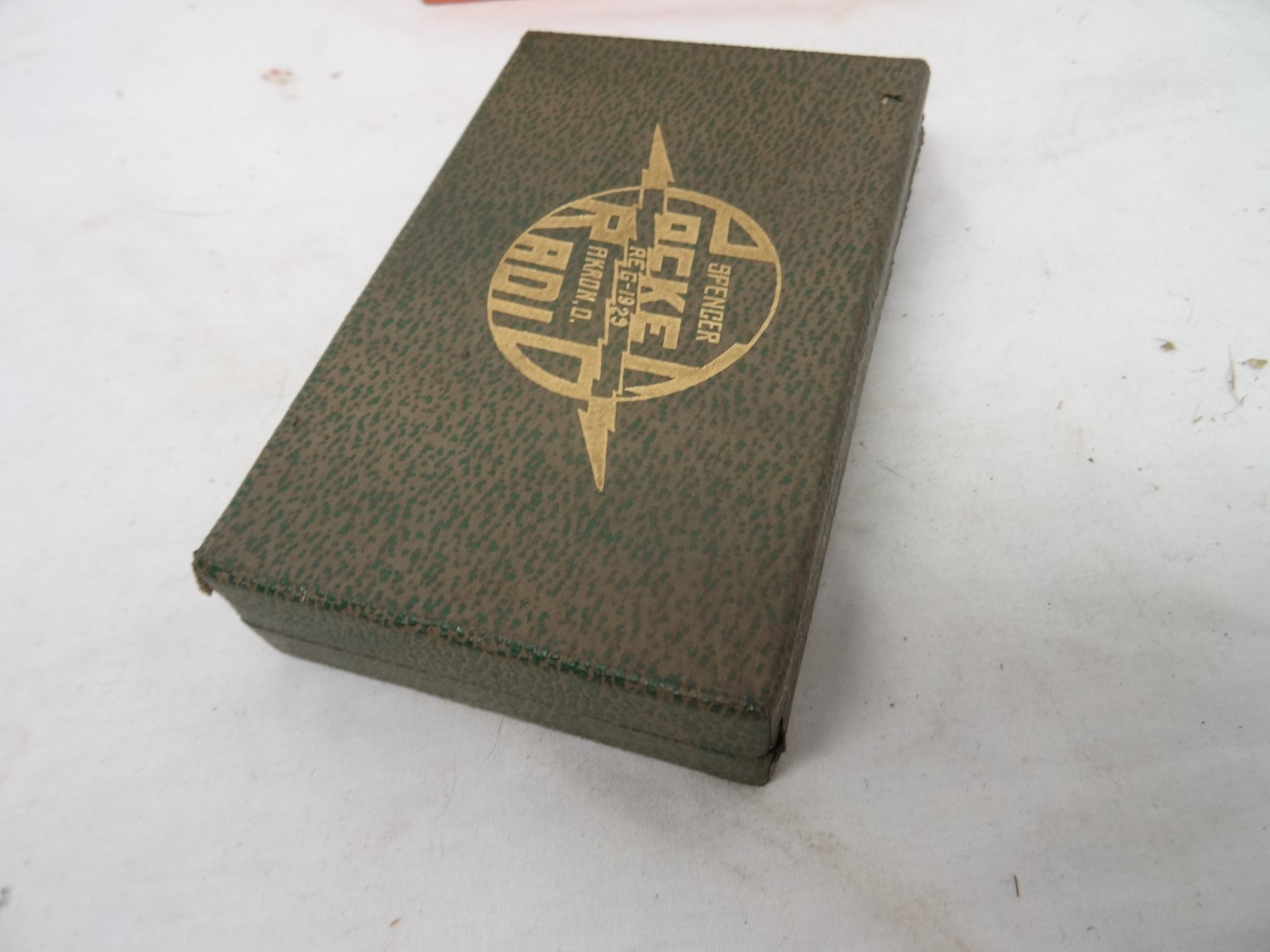 Spencer Pocket Crystal Radio with box and Spencer headphone and cables.