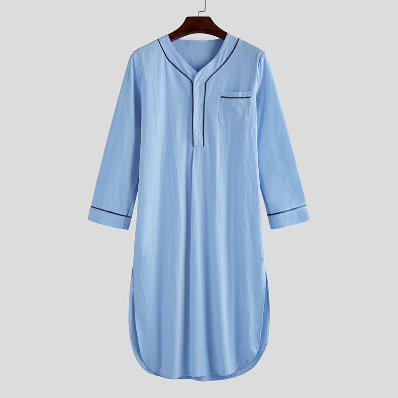 Men Cotton Nightshirt Long Sleeve Loose Long Sleep Shirt Pajamas Sleepwear Dress