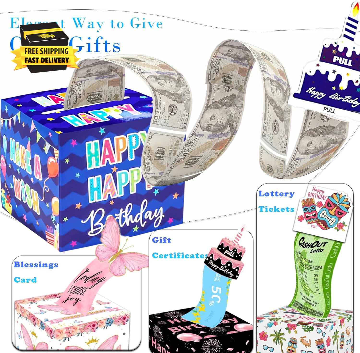 Birthday Money Box for Cash Gift Pull, Surprise Money Roll Gift Box with Pull Ou