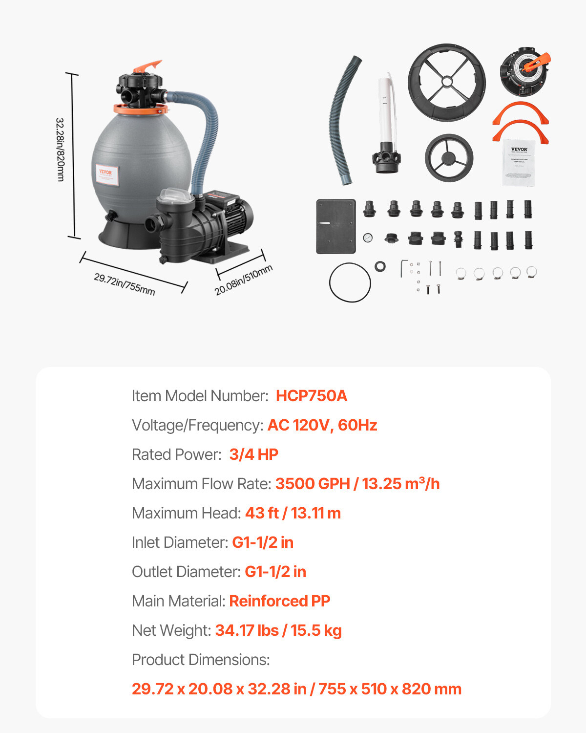 16 in Sand Filter Pump for Above Ground Swimming Pools 3/4 HP 3500 GPH Flow Rate
