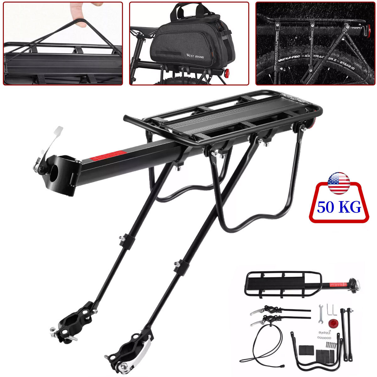 Rear Bike Rack, 110 lbs Bike Cargo Racks Frame Aluminum Universal Adjustable