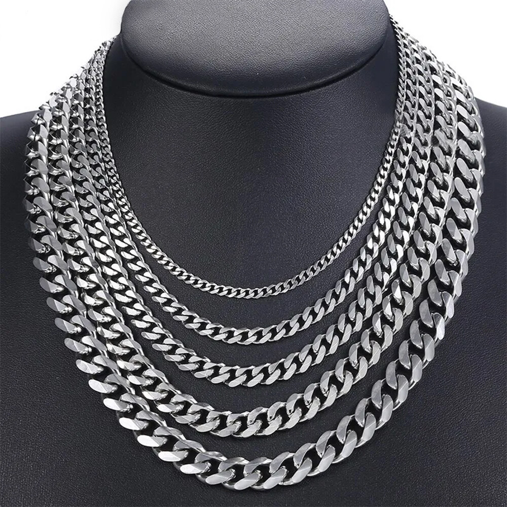 16-30" Stainless Steel Silver Chain Cuban Curb Necklace 3/5/7/9/11mm Womens Mens