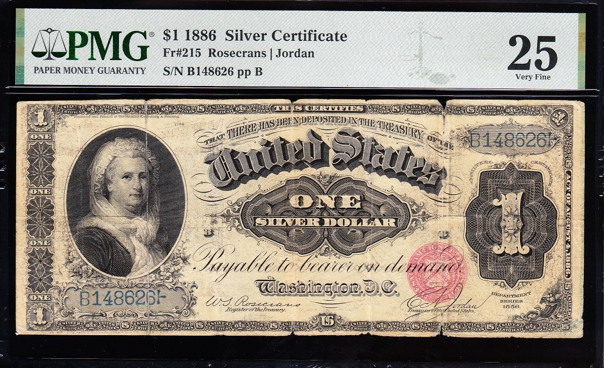 VF graded 1886 $1 Ornate "MARTHA" Silver Certificate! PMG 25! FREE SHIP! 48626