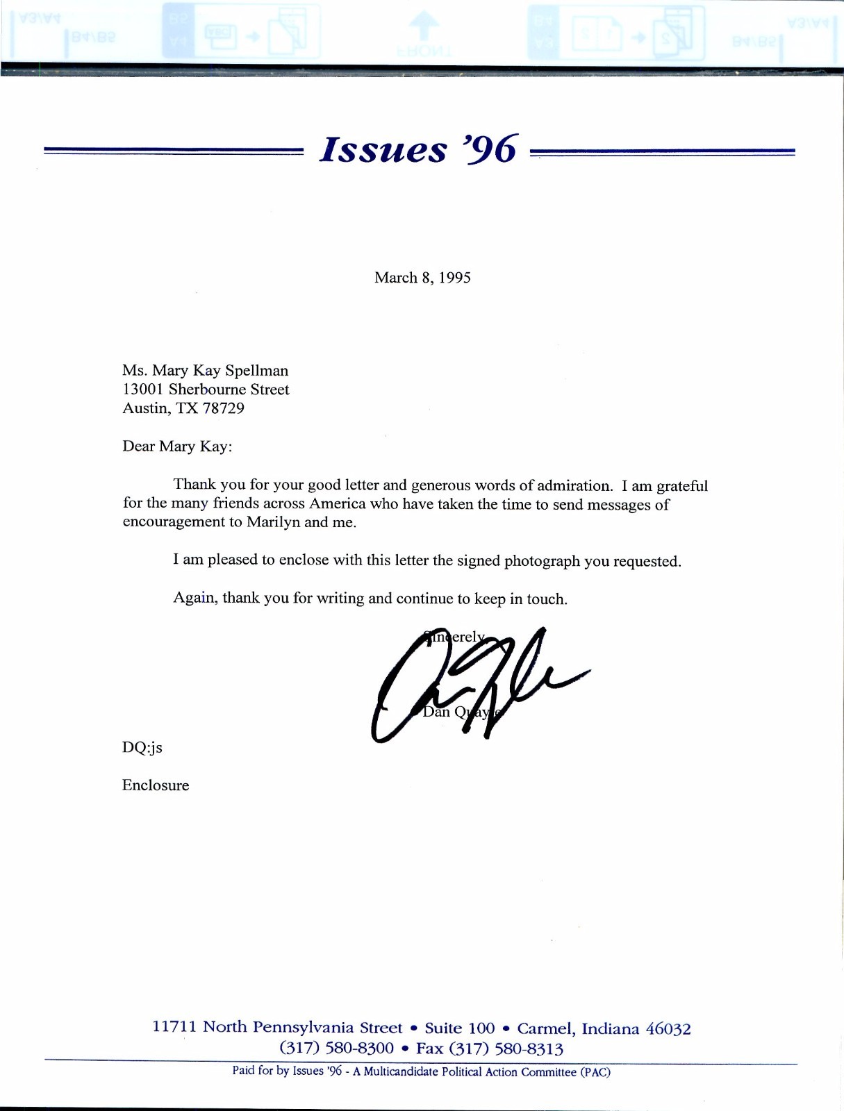 Dan Quayle Vice President of the United States Autographed Letter 1995