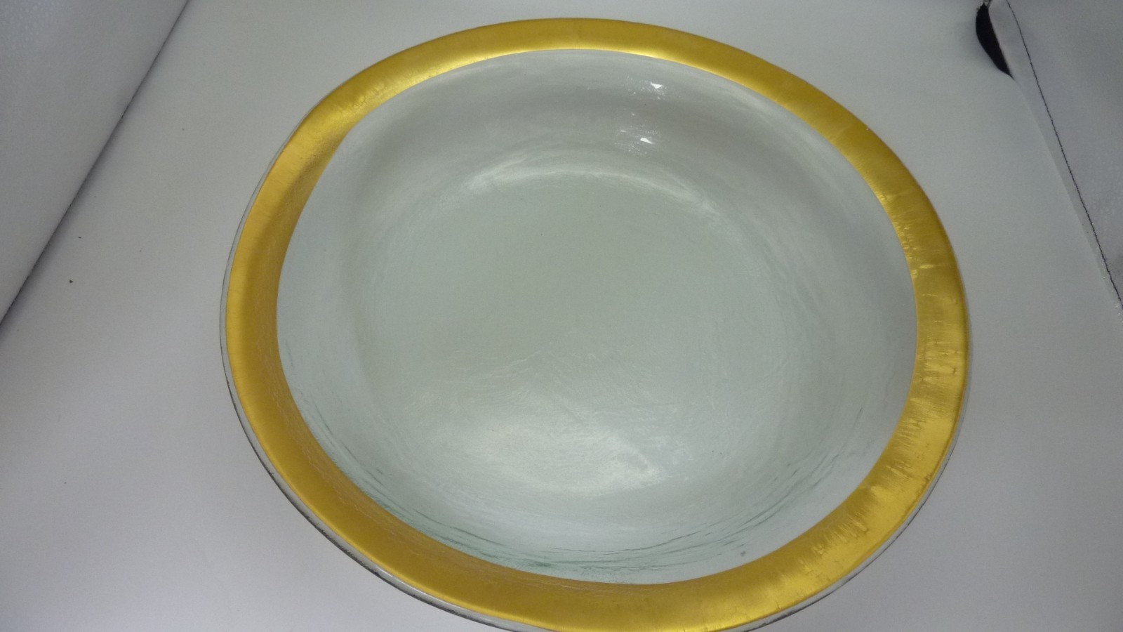 Large Annie Glass Round Serving Bowl Gold Rim 14” Signed 1996