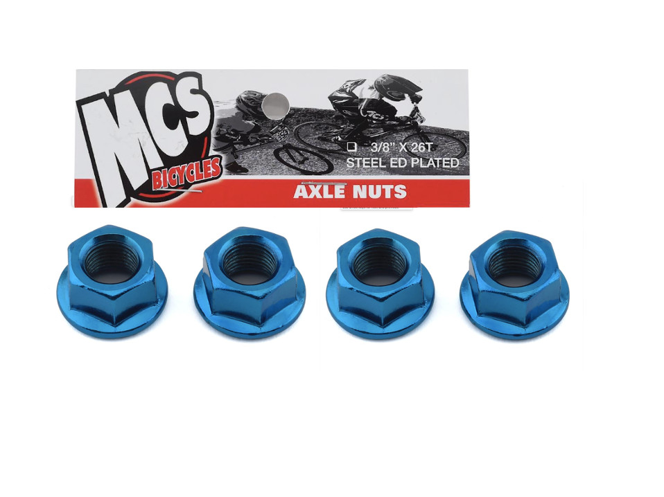 MCS BMX AXLE NUTS TWO PAIRS OF 3/8  BLUE