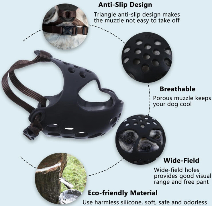BARKLESS Dog Muzzle for Short Snout Dogs, Soft Silicone Muzzle for Biting, for