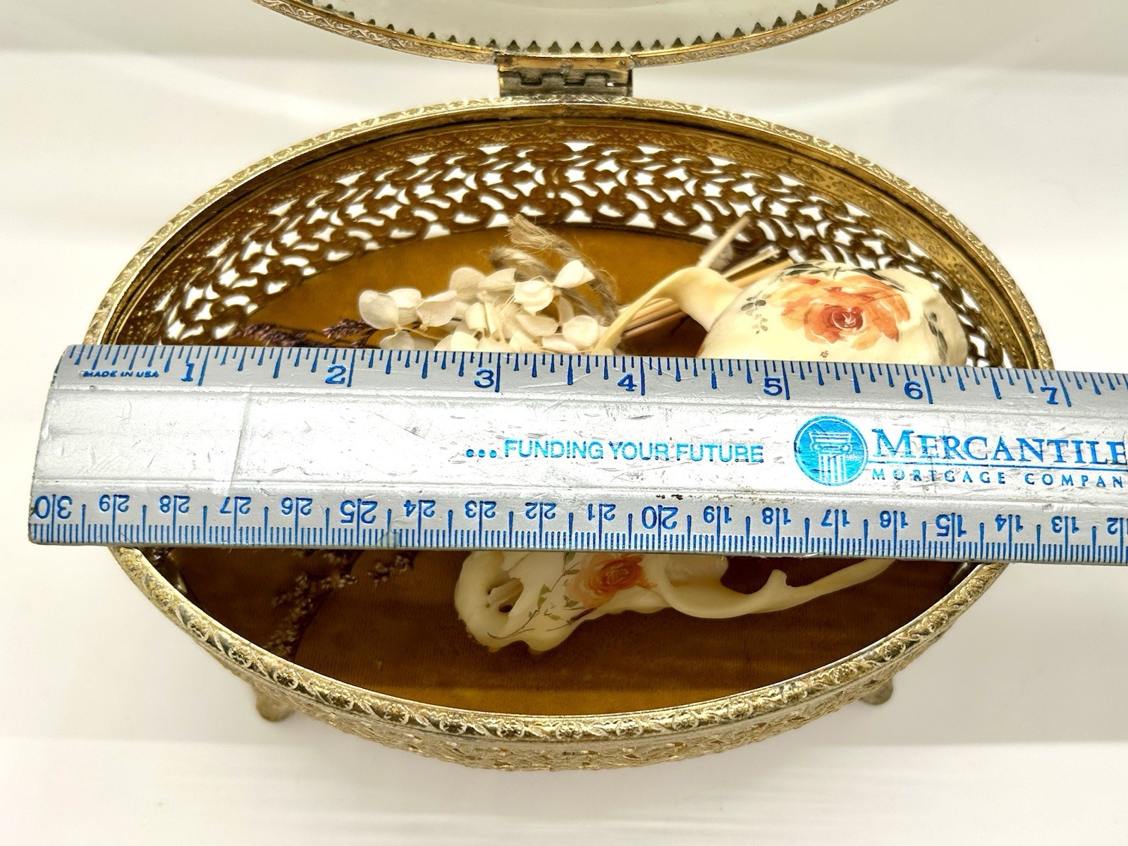 Embellished floral Raccoon Skull Vintage Ormolu/Casket Jewelry Box Dried Flowers