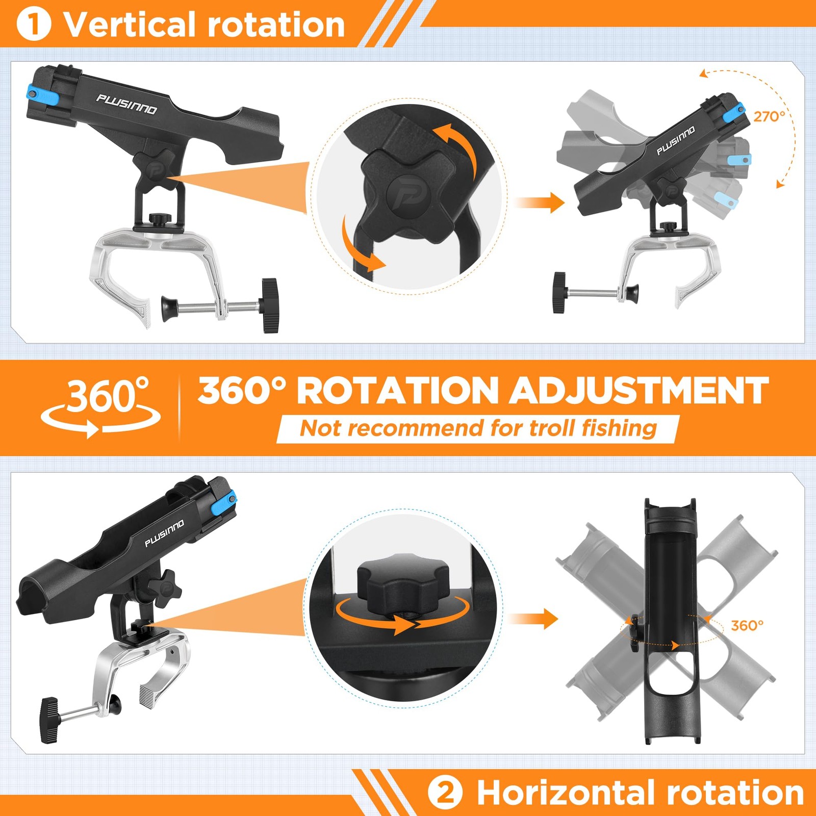 PLUSINNO Fishing Boat Rods Holder with Large Clamp Opening 360 Degree Adjusta...