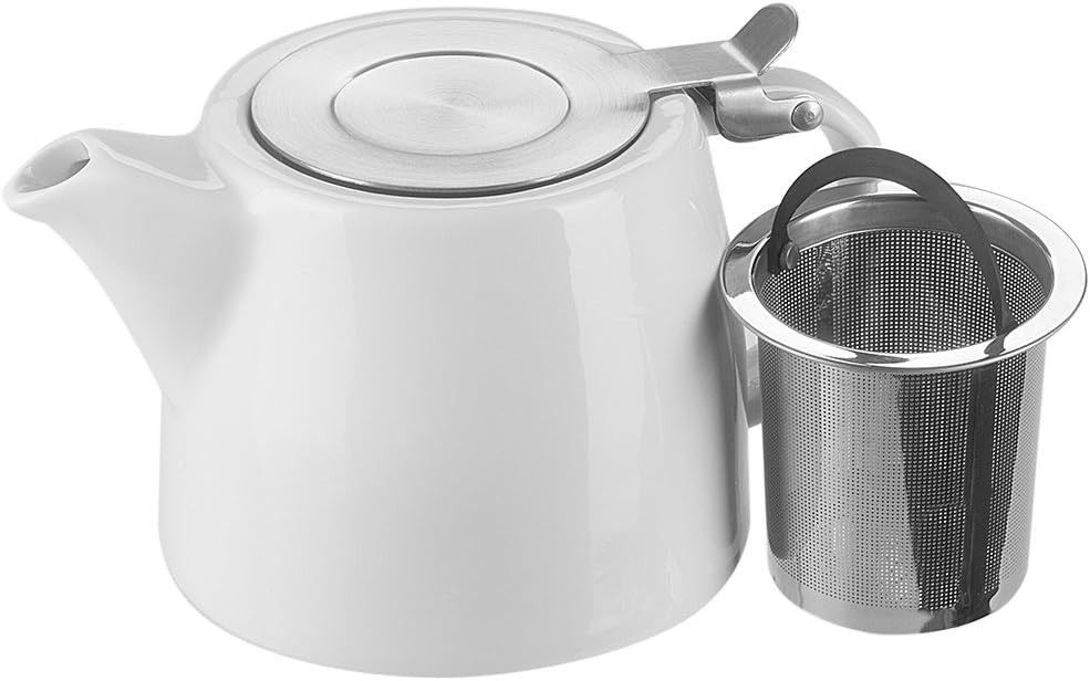 White Ceramic Teapot with Stainless Steel Infuser–Heat‑Resistant, Tea Maker 17OZ