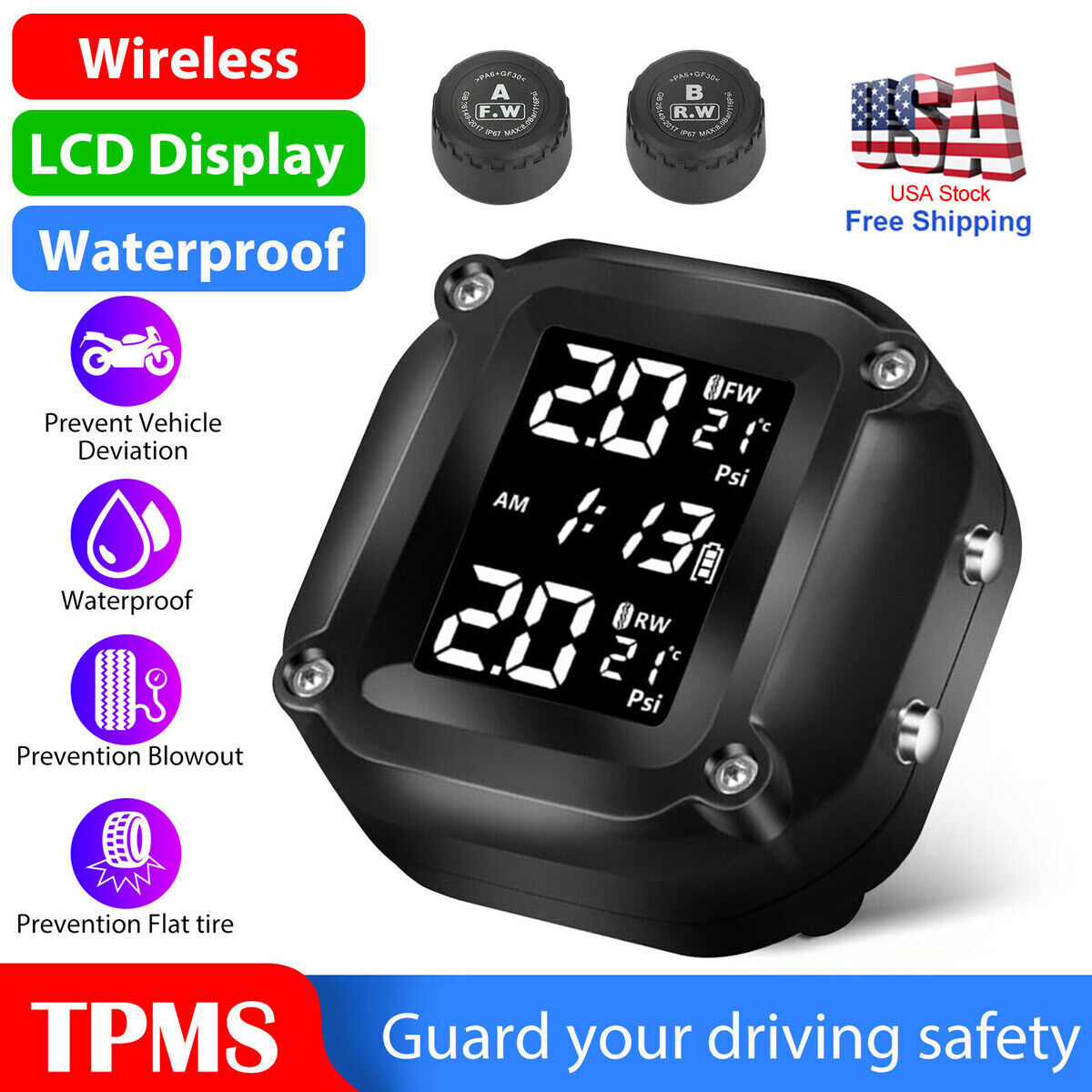 Wireless Motorcycle TPMS Tire Tyre Pressure Monitor System + 2 External Sensors