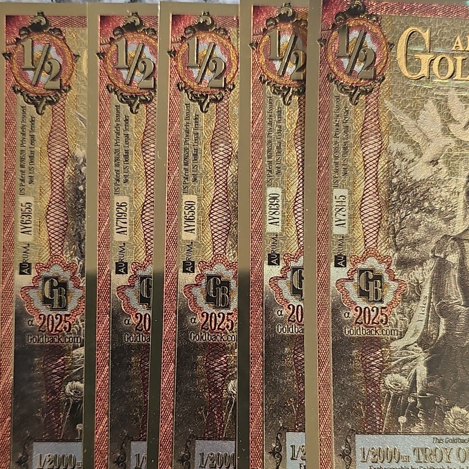 Goldback 2025 1/2 Gold Note Lot 20pcs 1/2000 oz .999 Gold Bar 20/2000 oz