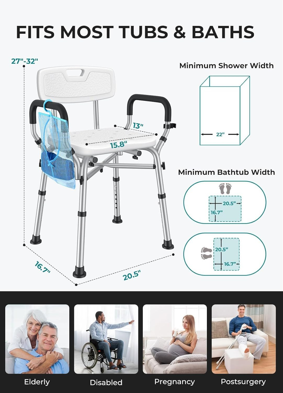 Shower Chair for Elderly and Disabled, 550 lbs Shower Chair for Inside Shower