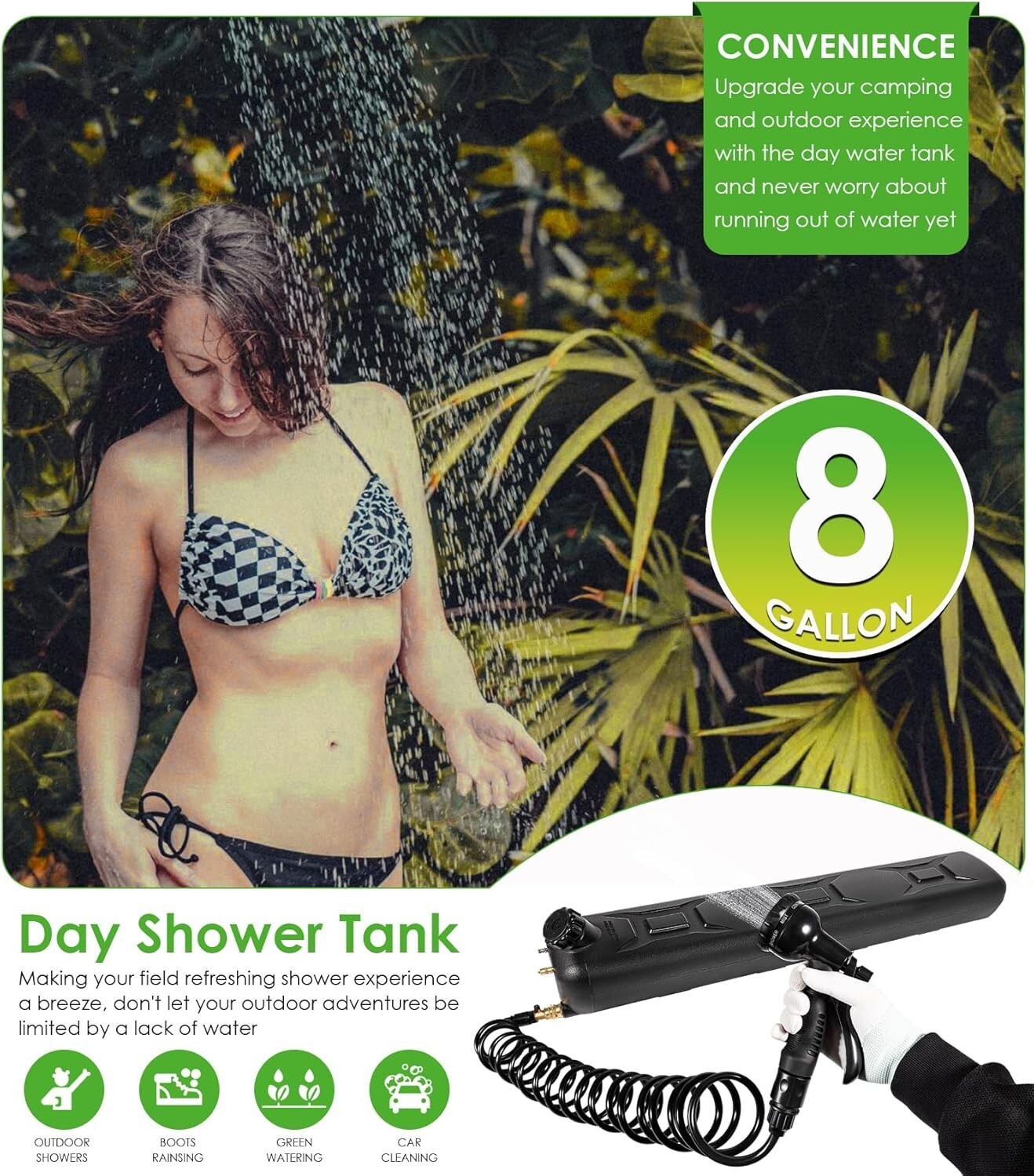 8 Gallon Pressurized Water Tank for Camping Showers, Multiple Mounting