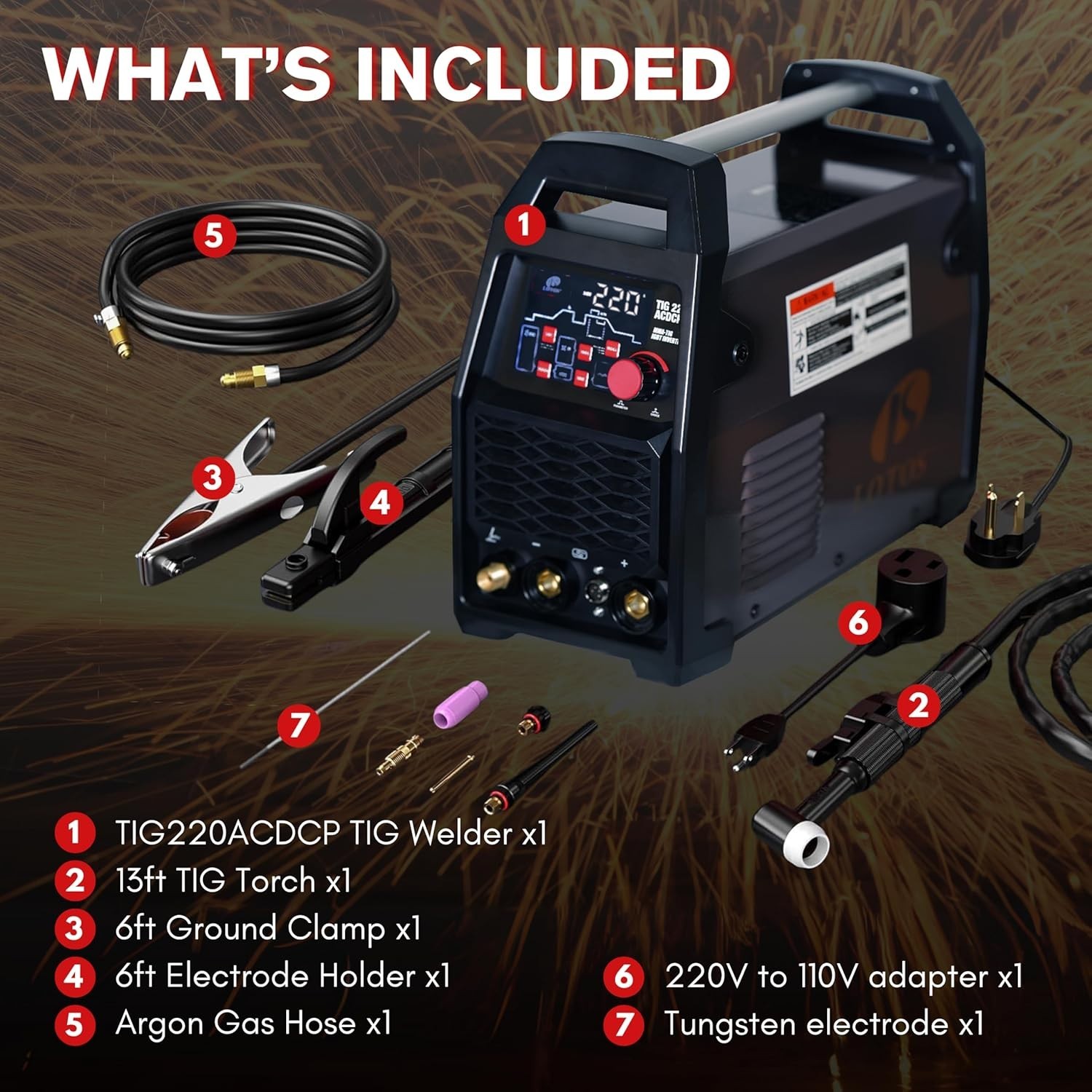 LOTOS TIG220ACDCP 220A AC/DC TIG Welder,13-in-1, Pulse, Spot, Stick, HF Start