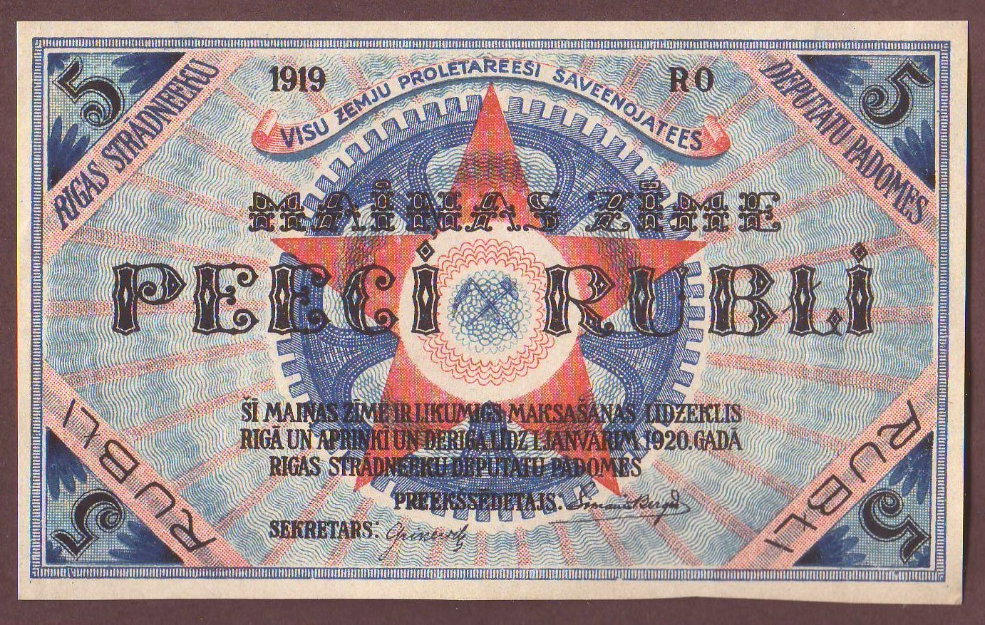 Latvia  RIGA  5 Rublis 1919    UNC