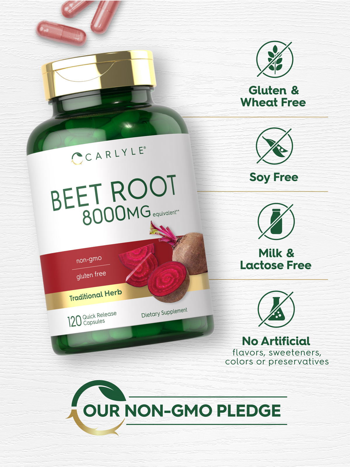 Beet Root Capsules | 8000mg | 120 Count | Non-GMO, Gluten Free | by Carlyle
