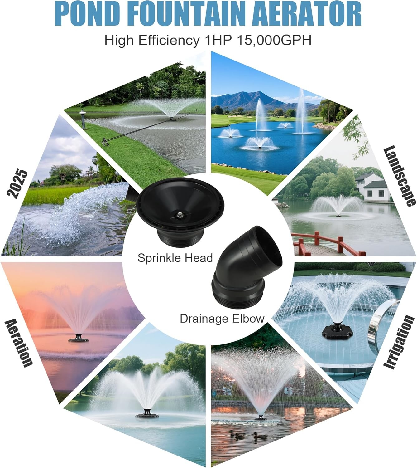 1HP 15000GPH Pond Fountain Aerator 750W Pond Fountain Floating Aerator Pump