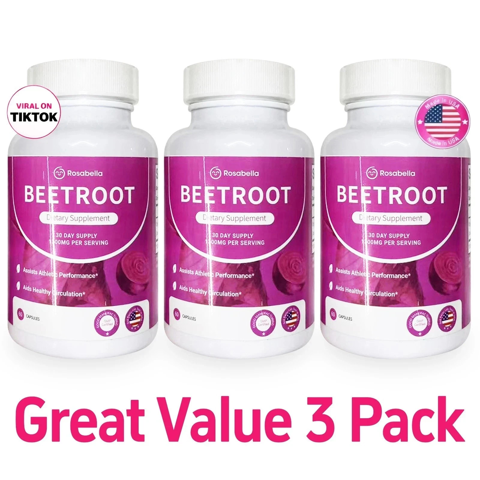 3PCS Rosabella Organic Beet Root 60 Capsules Natural Energy Boost Blood Pressure
