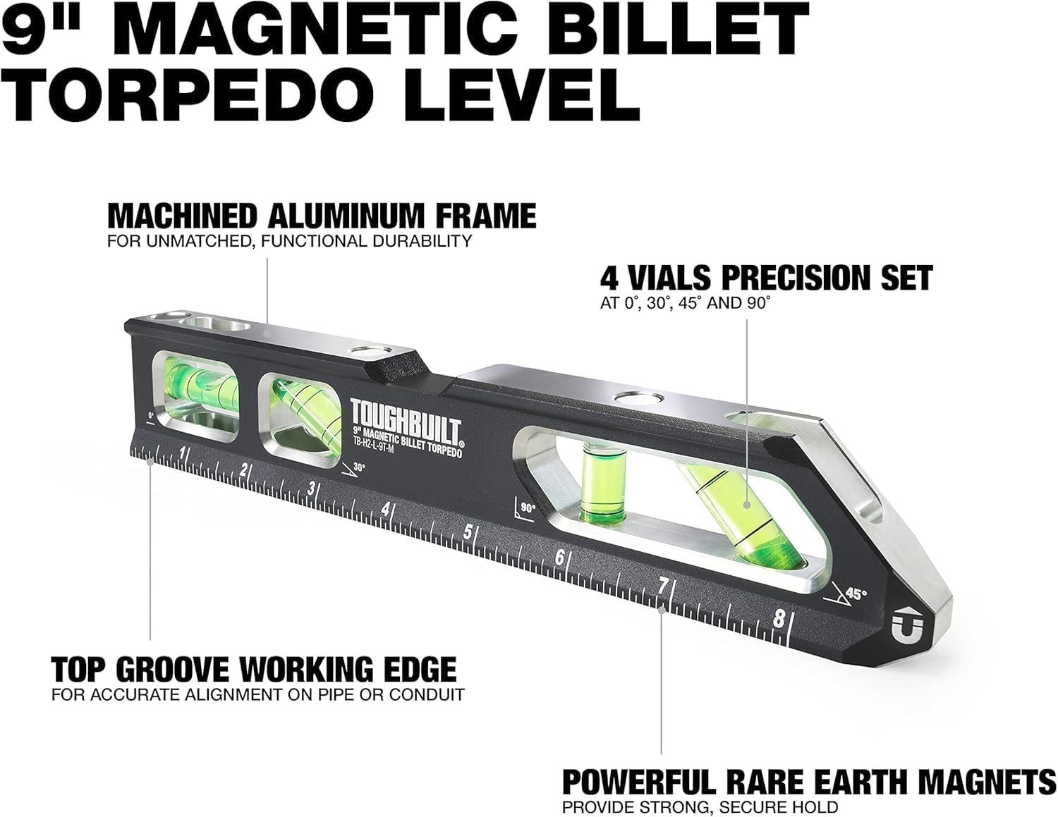 ToughBuilt–9"Magnetic Billet Torpedo Level with LED-Lit Vials Rare Earth Magnets