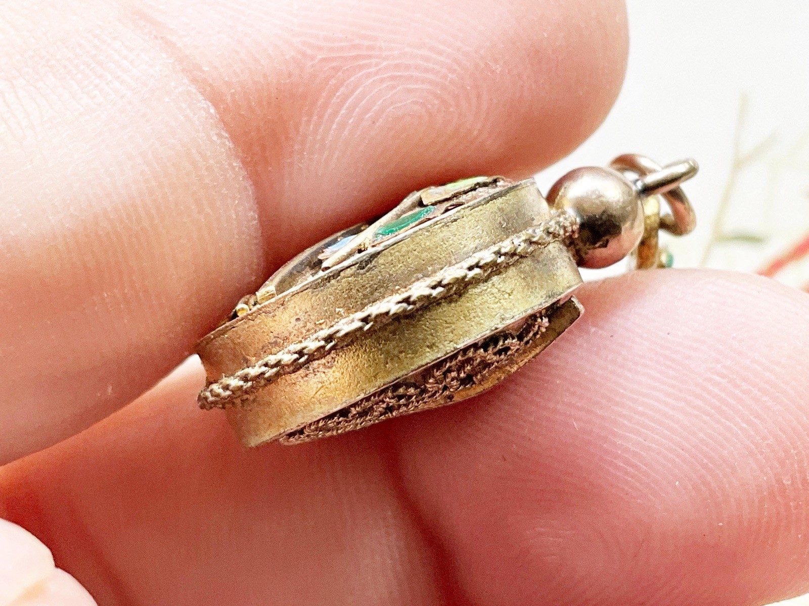 Antique Gold Filled Pocket Watch Chain Fob with Enamel Flowers & Etruscan Work