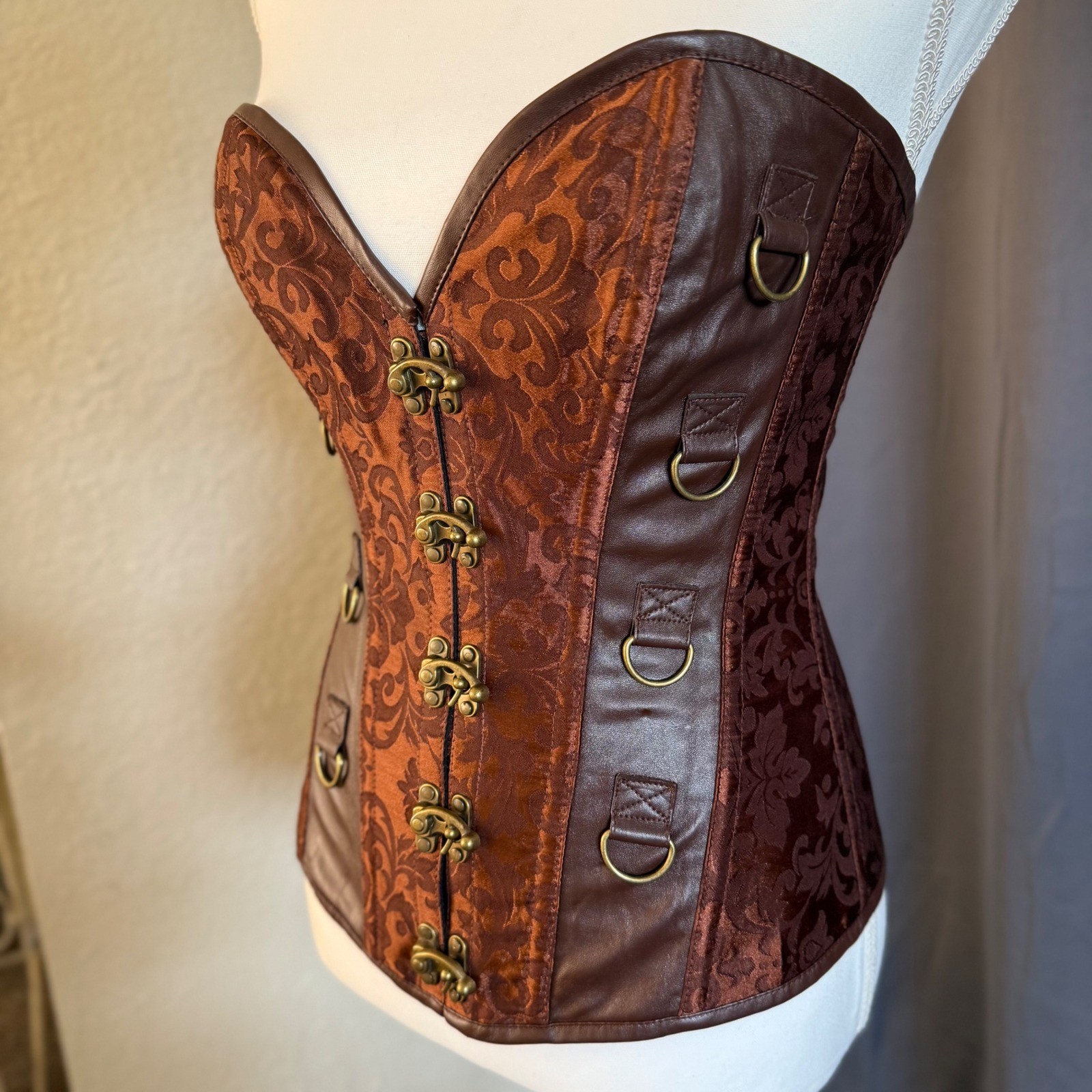 Steampunk Corset Brown Damask Faux Leather Hook Eye Small